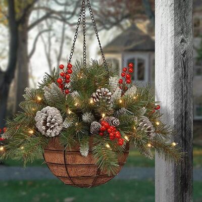 Living and Home Pre Lit Artificial Christmas Hanging Basket with Frosted Pine Cone