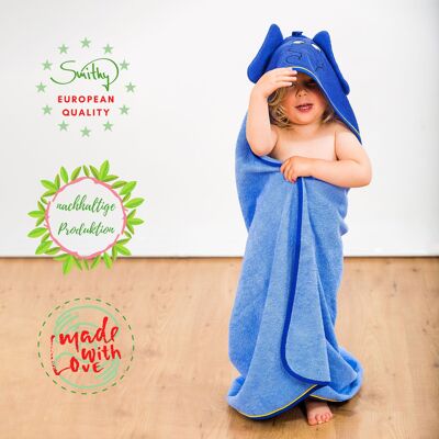 Hooded towel baby with the blue elephant, 100 x 100 cm