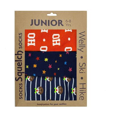 Set mit drei Squelch Junior Gummistiefel-Socken in einer Geschenkbox für Weihnachten