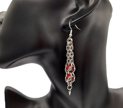 Chain Maille - Bright Tiger Eye Red Captured Dangle Earrings