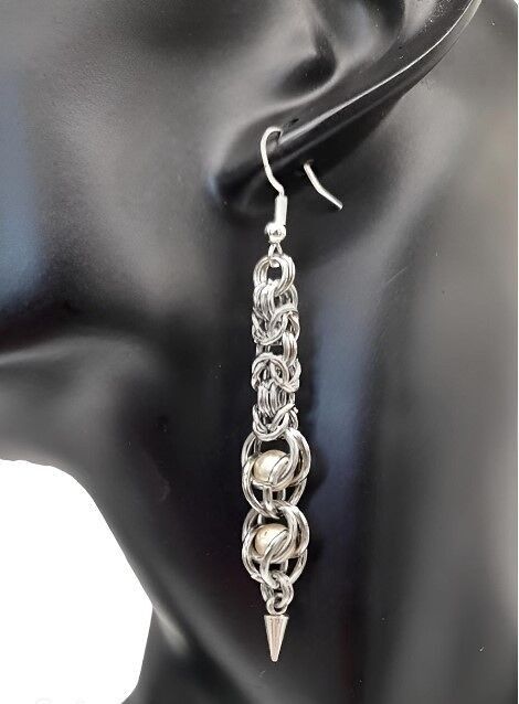 Chain Maille - Faux Pearl Captured Long Dangle Earrings
