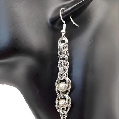 Chain Maille - Faux Pearl Captured Long Dangle Earrings