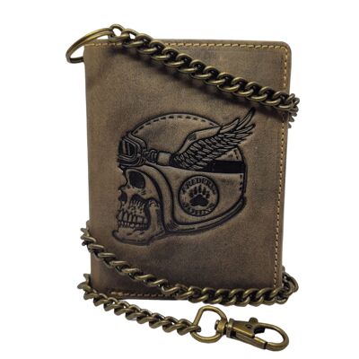 Chain wallet - Biker wallet with chain - Skull pattern (Brown)