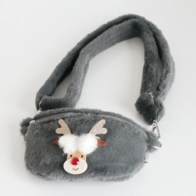 Sidebag plush, reindeer Ellie, long carrying strap, dark gray