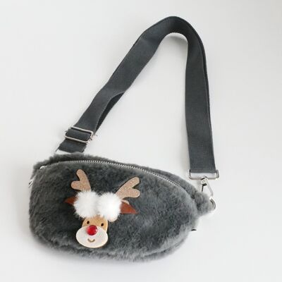 Sidebag plush, reindeer Ellie, plain carrying strap, dark gray