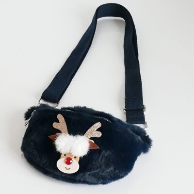 Sidebag plush, reindeer Ellie, plain carrying strap, dark blue