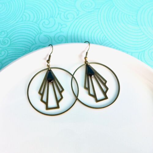 Boucles d'oreilles créoles éventail graphique Art Déco noires