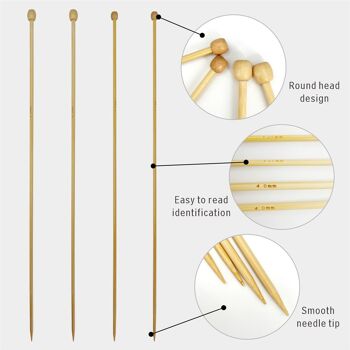 AIGUILLES À TRICOT EN BAMBOU 2 PAIRES, 4 mm et 3.Aiguilles à tricoter 25mm, ensemble d'aiguilles à tricoter droites en bambou de 2, 4mm et 3,25mm, aiguilles à tricoter droites pointues 3