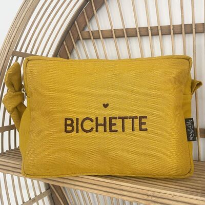 Große bestickte Kulturtasche „Bichette“ Senf
