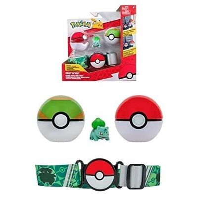 Bandai - Pokémon - Clip 'N' Go-Gürtel - 1 Gürtel, 1 Pokéball, 1 Nestball und 1 5 cm große Bulbasaur-Figur - Zubehör zum Verkleiden als Pokémon-Trainer - Ref: JW2715
