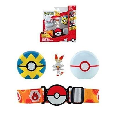 Bandai – Pokémon – Clip 'N' Go-Gürtel – 1 Gürtel, 1 Quick Ball, 1 Premier Ball und 1 5 cm große Flambino-Figur (Scorbunny) – Zubehör zum Verkleiden als Pokémon-Trainer – Ref: JW2716