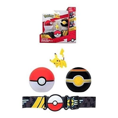 Bandai - Pokémon - Clip 'N' Go-Gürtel - 1 Gürtel, 1 Pokéball, 1 Luxusball und 1 5 cm große Pikachu-Figur - Zubehör zum Verkleiden als Pokémon-Trainer - Ref: JW2718