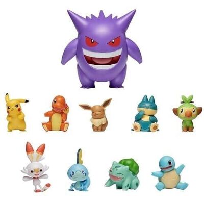 Bandai - Pokémon - Confezione da 10 figurine Gengar, Pikachu, Flambino, Larméléon, Ouinstempo, Goinfrex, Charmander, Bulbasaur, Squirtle ed Eevee - Rif: JW0245