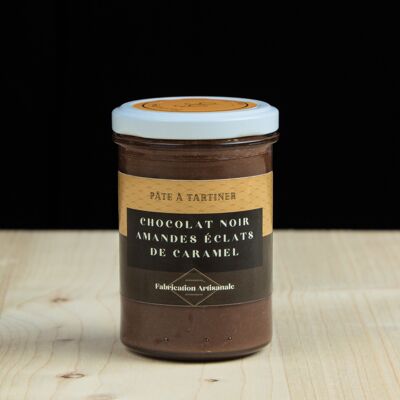 Crema spalmabile al cioccolato fondente, mandorle e caramello (vasetto da 220g)