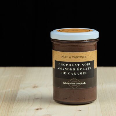 Crema spalmabile al cioccolato fondente, mandorle e caramello (vasetto da 220g)