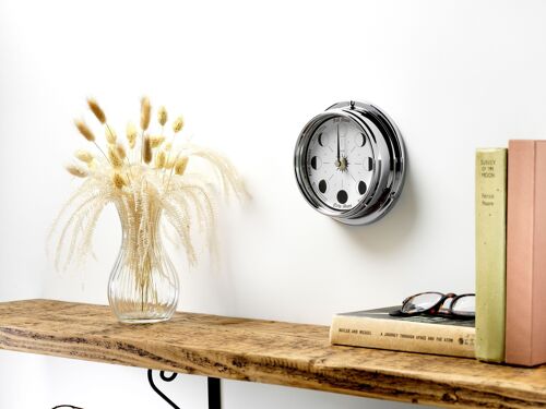 Handmade Moon Phase Clock In Chrome With White Dial