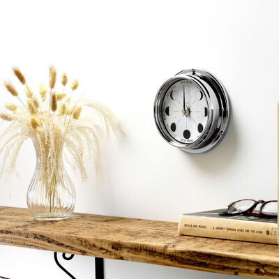 Handmade Moon Phase Clock In Chrome With White Dial