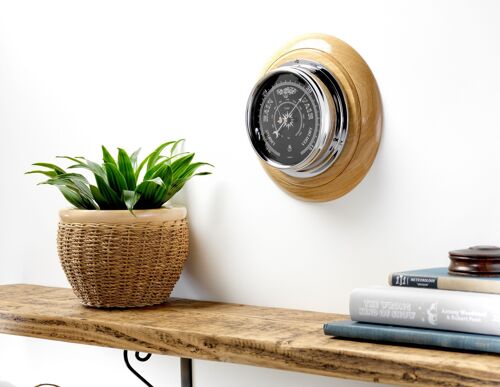 Handmade Prestige Barometer in Chrome with Jet Black Dial Mounted on an English Light Oak Wall Mount