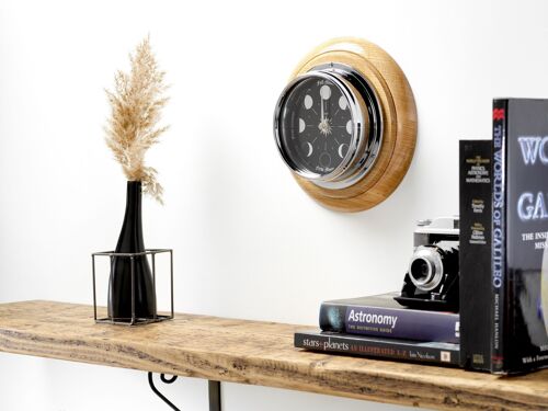 Handmade Prestige Moon Phase Clock in Chrome on an English Light Oak Wall Mount