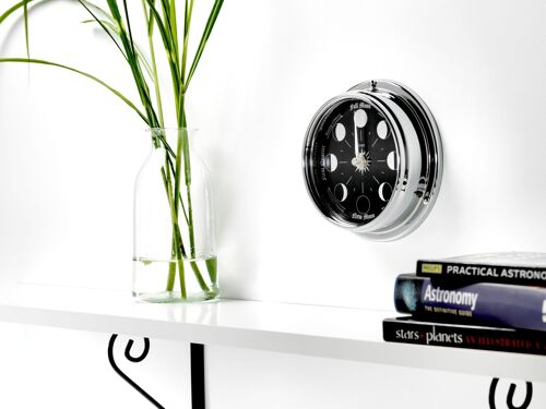 Prestige Moon Phase Clock in Chrome with Jet Black Aluminium Dial created with a mirrored backdrop