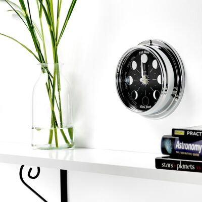 Prestige Moon Phase Clock in Chrome with Jet Black Aluminium Dial created with a mirrored backdrop