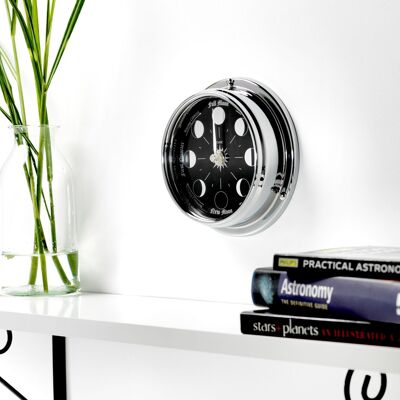 Prestige Moon Phase Clock in Chrome with Jet Black Aluminium Dial created with a mirrored backdrop
