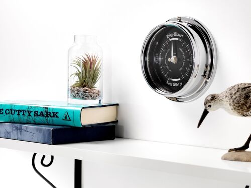 Handmade Prestige Tide Clock in Chrome With A Jet Black Aluminium Dial created with a mirrored backdrop