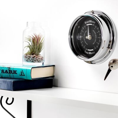 Handmade Prestige Tide Clock in Chrome With A Jet Black Aluminium Dial created with a mirrored backdrop