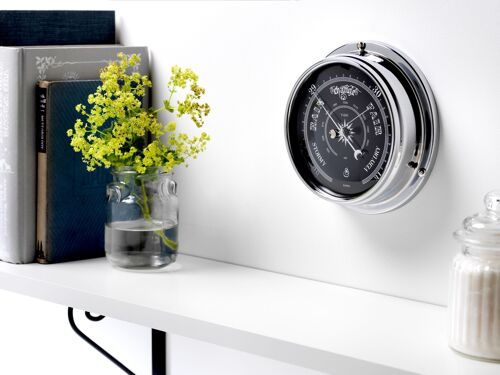 Handmade Prestige Traditional Barometer in Chrome with a Jet Black Dial created with a mirrored backdrop