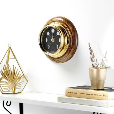Prestige Brass Moon Phase Clock With a Jet Black Dial Mounted on a Solid English Dark Oak Wall Mount