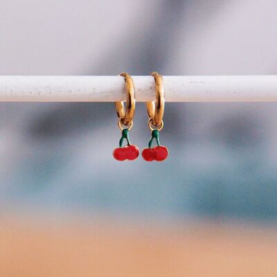 Stainless steel hoop earrings with Cherry – red/gold