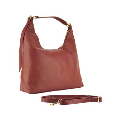 RB1017Q | Bolso bandolera suave para mujer en piel auténtica Made in Italy con bandolera extraíble. Fijaciones con mosquetones de metal dorado brillante - Color rubí - Dimensiones: 36 x 40 x 13 cm