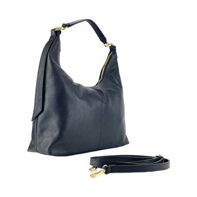 RB1017A | Soft women's shoulder bag in genuine leather Made in Italy with single handle and removable shoulder strap. Attachments with shiny gold metal snap hooks - Black color - Dimensions: 36 x 40 x 13 cm