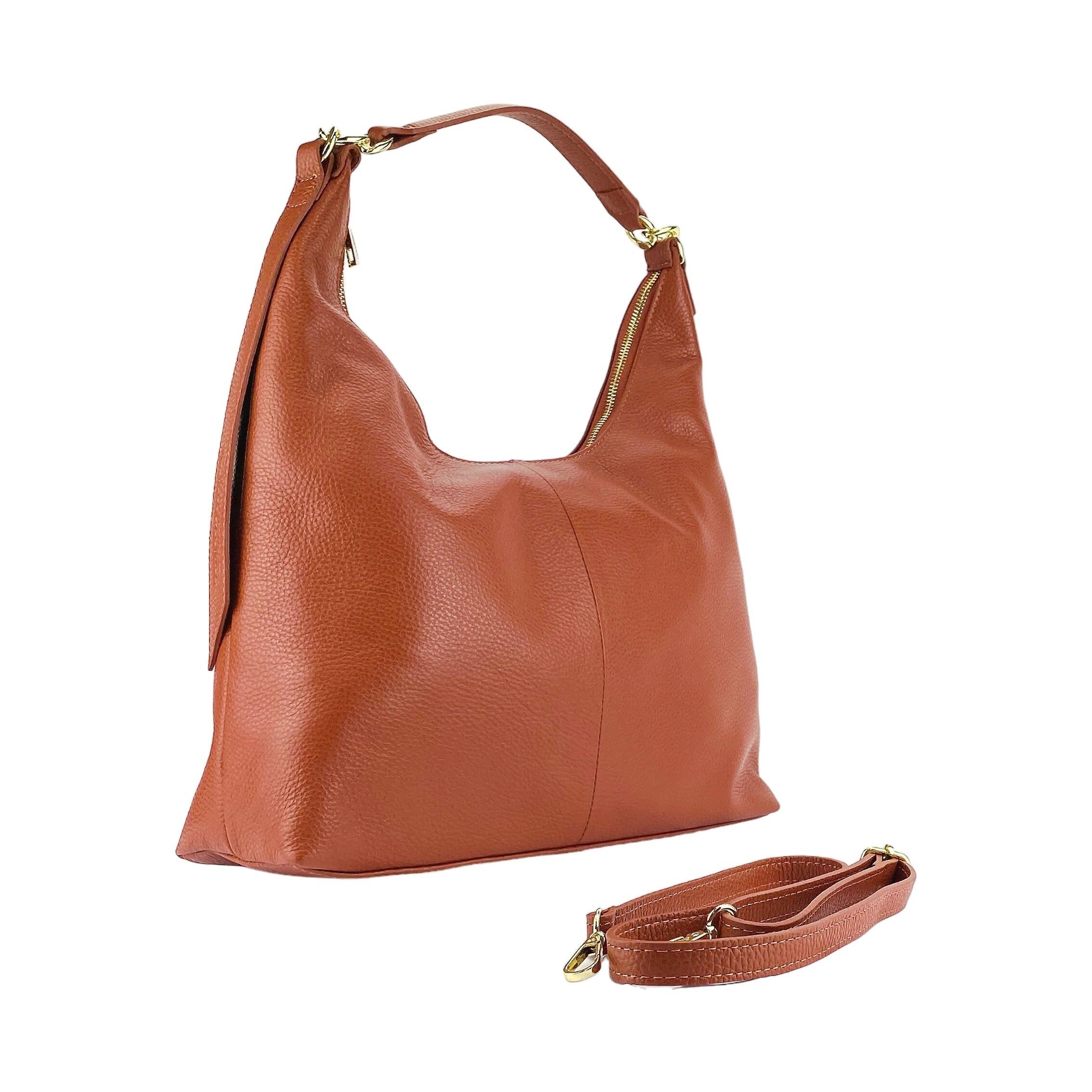 RB1017AM | Bolso bandolera suave para mujer en piel auténtica Made in Italy con asa única y bandolera extraíble. Fijaciones con mosquetones de metal dorado brillante - Color pimentón - Dimensiones: 36 x 40 x 13 cm