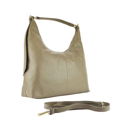 RB1017AQ | Borsa Donna a spalla Morbida in Vera Pelle Made in Italy con manico singolo e tracolla removibile. Attacchi con moschettoni in metallo Oro Lucido - Colore Taupe - Dimensioni: cm 36 x 40 x 13
