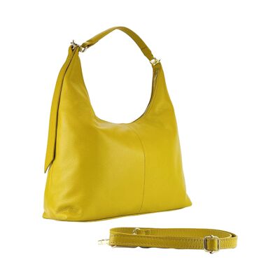 RB1017AR | Soft women's shoulder bag in genuine leather Made in Italy with single handle and removable shoulder strap. Attachments with shiny gold metal snap hooks - Mustard color - Dimensions: 36 x 40 x 13 cm