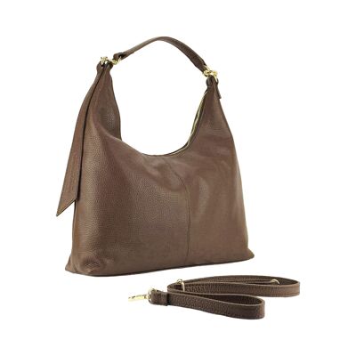 RB1017BV | Bolso bandolera suave para mujer en piel auténtica Made in Italy con asa única y bandolera extraíble. Fijaciones con mosquetones de metal dorado brillante - Color chocolate - Dimensiones: 36 x 40 x 13 cm