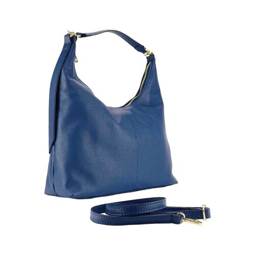 RB1017D | Borsa Donna a spalla Morbida in Vera Pelle Made in Italy con manico singolo e tracolla removibile. Attacchi con moschettoni in metallo Oro Lucido - Colore Blu - Dimensioni: cm 36 x 40 x 13