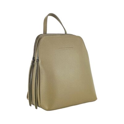 RB1018AQ | Sac à dos pour femme à double compartiment en cuir véritable fabriqué en Italie avec bretelles réglables. Accessoires en métal canon de fusil - Coloris taupe - Dimensions : 26 x 30 x 14,5 cm