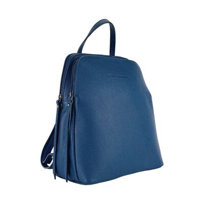 RB1018D | Mochila de mujer de piel auténtica con doble compartimento Made in Italy con tirantes ajustables. Accesorios de metal gunmetal - Color azul - Dimensiones: 26 x 30 x 14,5 cm