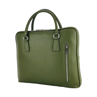 RB1019E | Unisex Business Briefcase in Genuine Leather Made in Italy with removable shoulder strap. Attachments with shiny nickel metal snap hooks - Green color - Dimensions: 37 x 29 x 6.5 cm