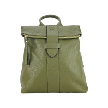 RB1021E | Sac à dos souple pour femme en cuir véritable fabriqué en Italie avec bretelles réglables. Fermeture éclair et accessoires en métal doré brillant - Coloris vert - Dimensions : 30 x 34 x 10,5 cm 3