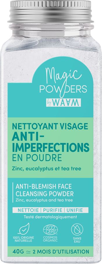 WAAM Cosmetics – Nettoyant Visage Anti-Imperfections en Poudre BIO – Sans Eau – Tous Types de Peaux – Certifié BIO ECOCERT –Vegan – 40g – Sans conservateur – Soin quotidien au ZINC PCA