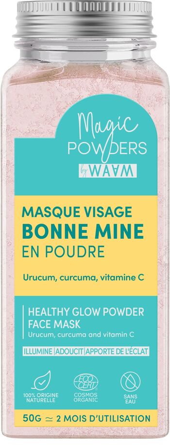 WAAM Cosmetics – Masque Visage Bonne Mine en Poudre BIO – Sans Eau – Tous Types de Peaux – Certifié BIO ECOCERT –Vegan – 50g – Sans conservateur – Soin quotidien à la vitamine C