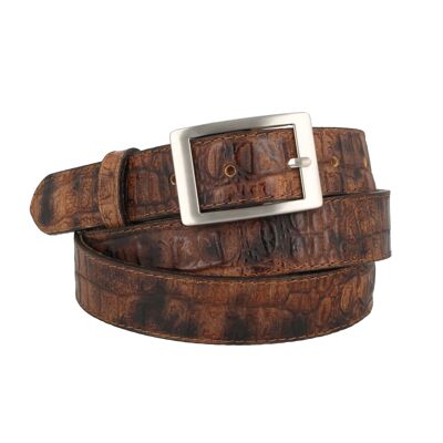 Ceinture femme en cuir gaufré crocodile marron