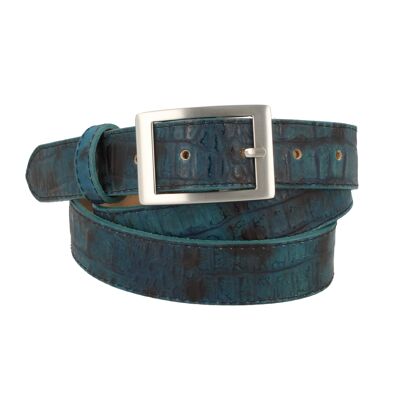 Ceinture femme cuir embossé crocodile bleu pétrole vert