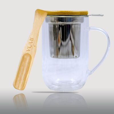 Double wall glass cup with infuser & wooden measuring spoon - 40cl