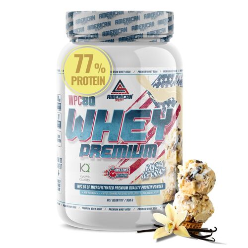 AS American Suplement | Premium Whey Protein 900 g | Vainilla | Proteína de Suero de Leche | Aumentar Masa Muscular | Alta Concentración de Proteína WPC80 Pura |Contiene L-Glutamina Kyowa Quality®