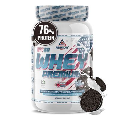 AS Supplemento americano | Proteine Whey Premium 900 g | Biscotti neri (Oreo) | Proteine del siero di latte | Aumenta la massa muscolare | Alta concentrazione di proteine pure WPC80 | Contiene L-glutammina Kyowa Quality®