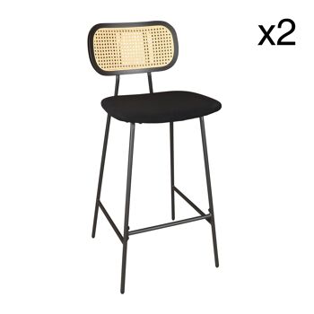 LOT DE 2 CHAISES DE BAR EN ROTIN, BOIS, MÉTAL ET VELOURS COTELÉ NOIR NOSARA 1